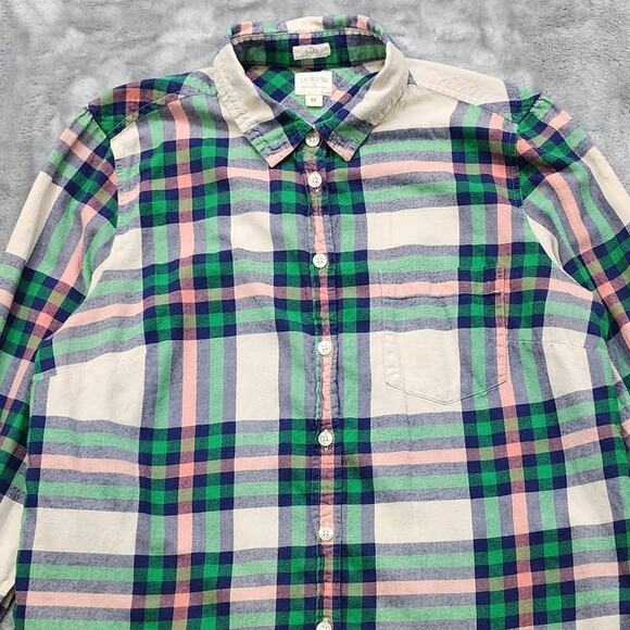J.Crew Top Womens M Green Blue Pink Beige Plaid Boy Fit Long Sleeve Button Up - Picture 2 of 10